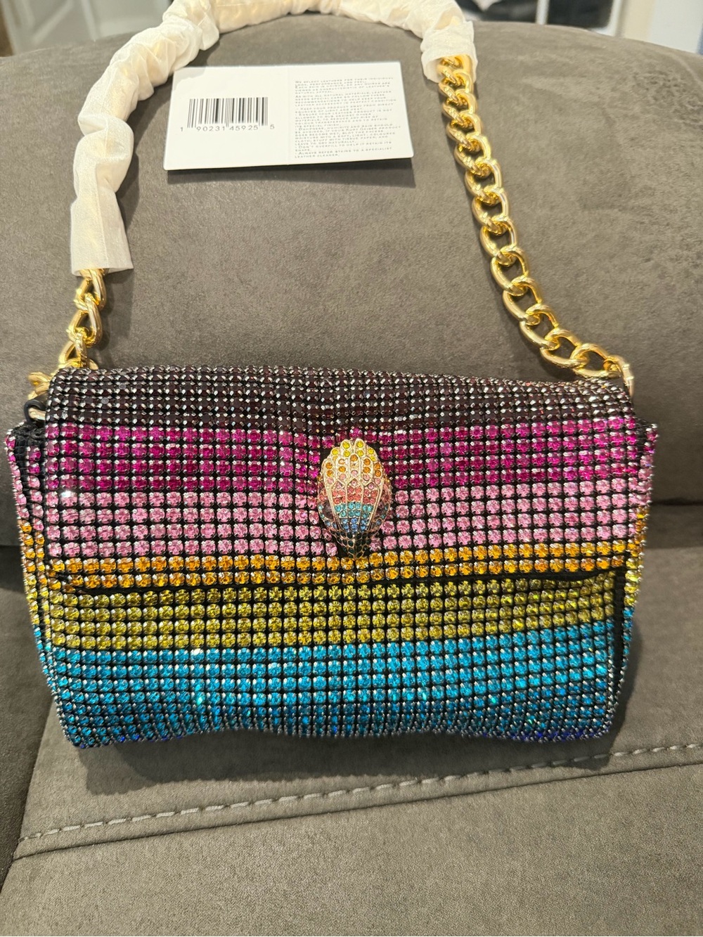 New Kurt Geiger Crystal-Embellished Multicolor Shoulder Bag with Gold Chain - Picture 3 of 6